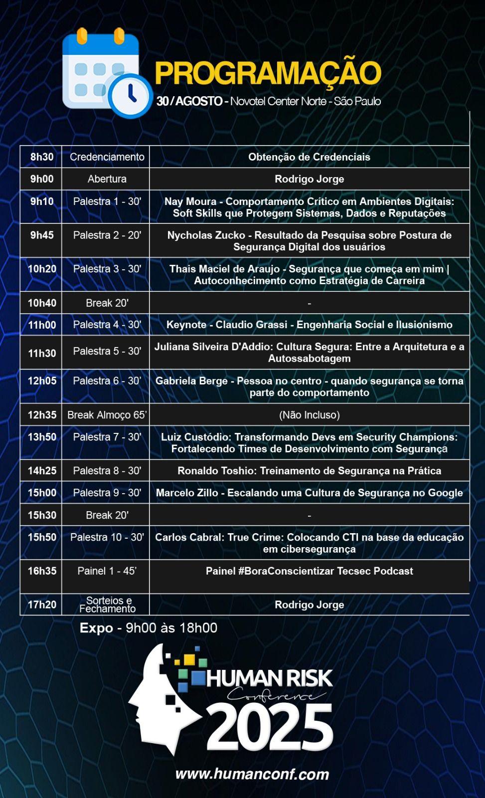Human Risk Conference 2025 program schedule with speaker names and topics on a blue background.